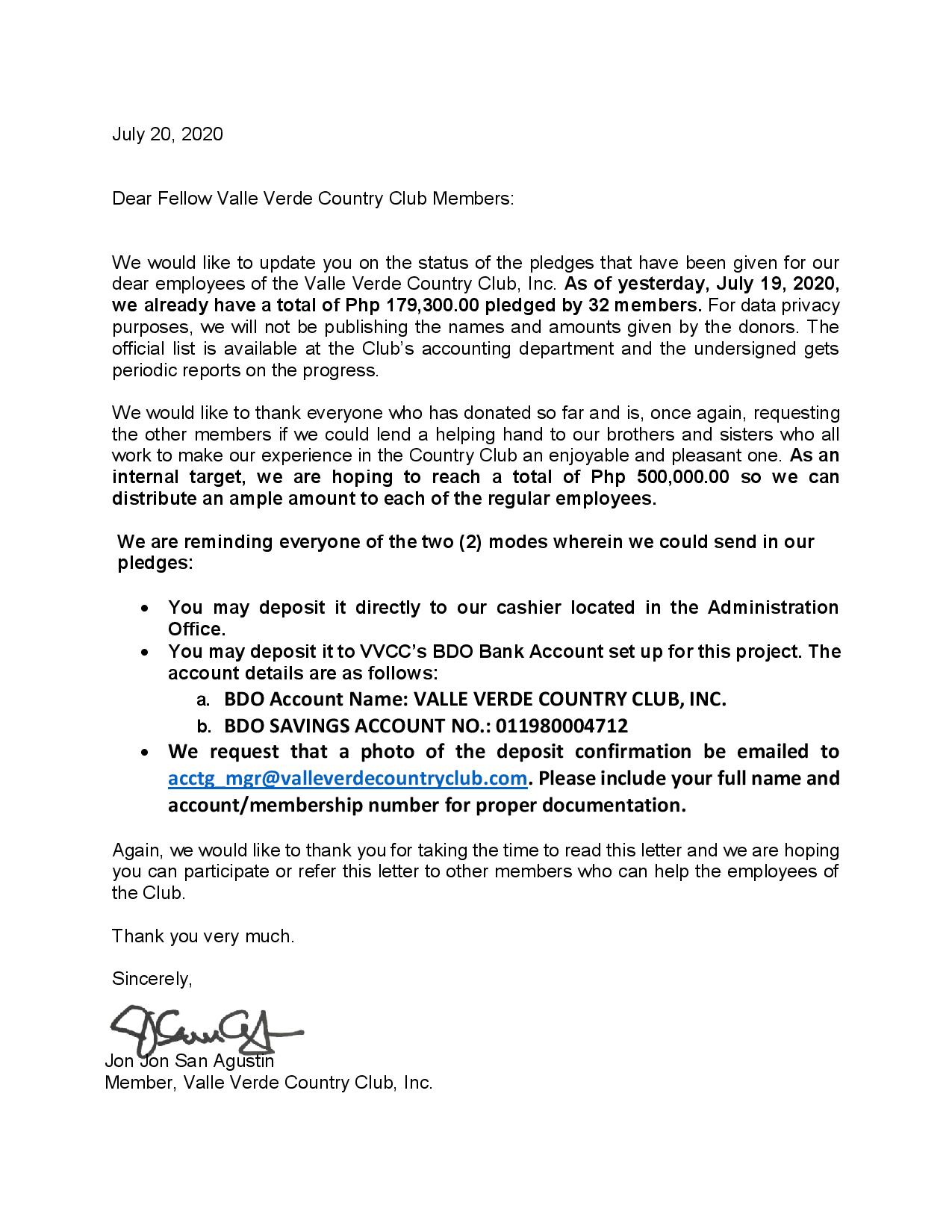 VVCC Employees Letter to Club Members Number 2-page-001 | Valle Verde