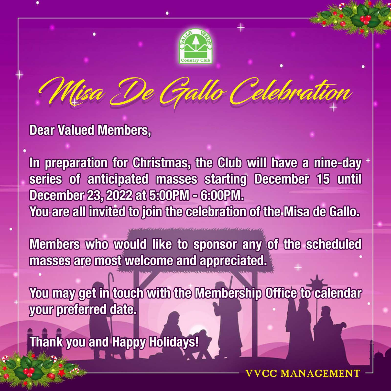 MISA DE GALLO | Valle Verde Country Club, Inc.